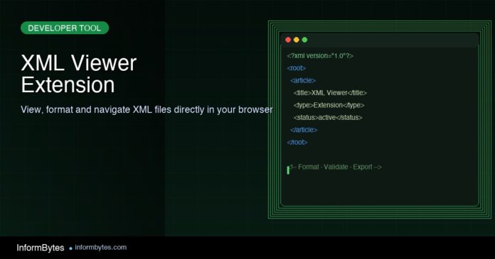 XML Viewer browser extension showing formatted XML code in a dark editor window