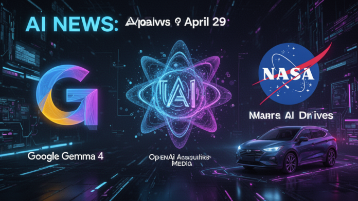Featured image for article: AI News April 29 2026: Google Gemma 4, OpenAI Acquires Media, NASA Mars AI Drives