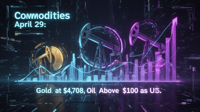 Featured image for article: Commodities April 29 2026: Gold at $4,708, Oil Above $100 as US-Iran Conflict Persists