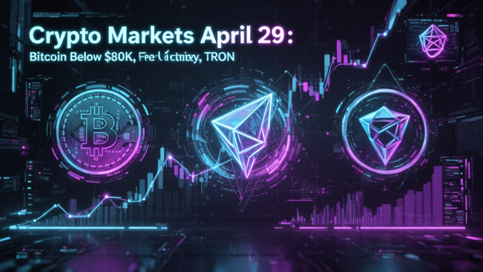 Featured image for article: Crypto Markets April 29 2026: Bitcoin Below $80K, Fed Uncertainty, TRON-AAVE Move