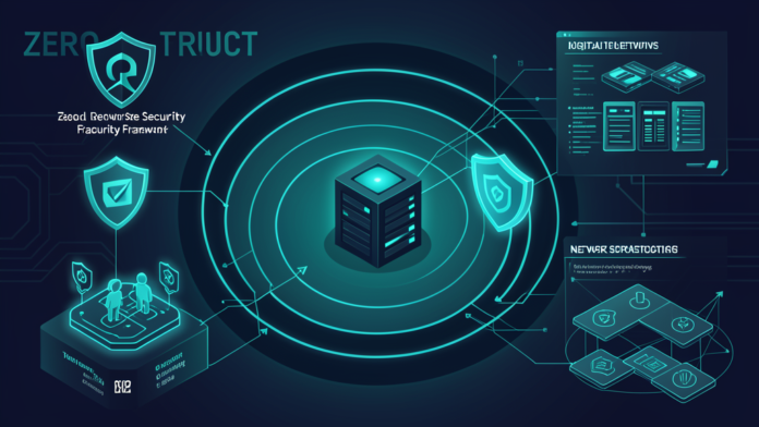 Zero trust security framework with layered shields protecting enterprise data vault and identity verification nodes